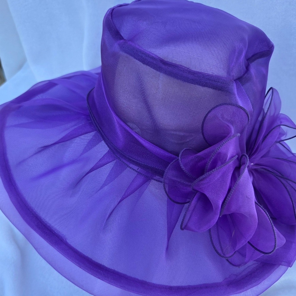 Organza Bow Sun Hat Purple Wide Brim Floral Derby Holiday Festival Formal Sheer